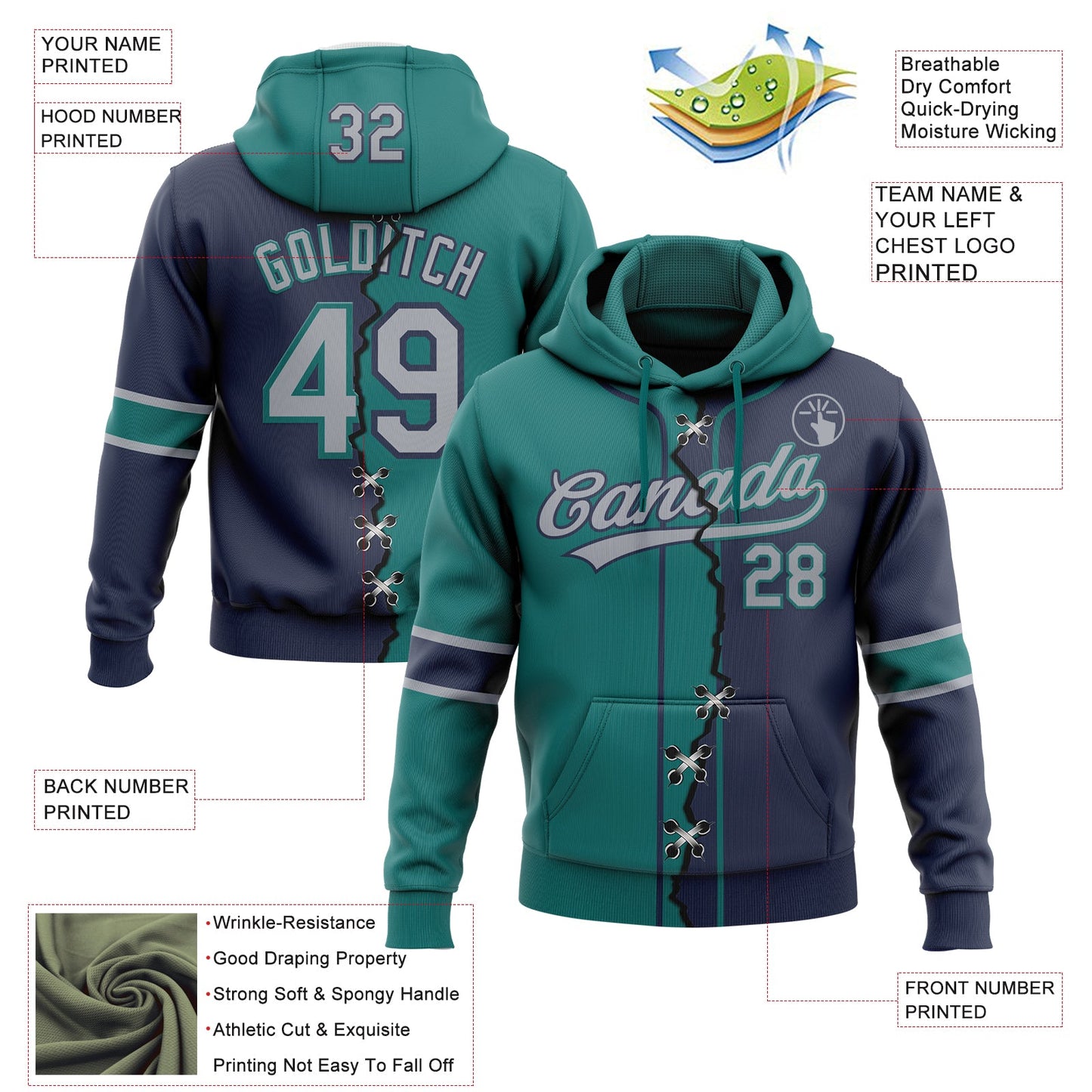 Custom Navy Gray-Teal Split Ripped Pattern Baseball Pullover Sweatshirt Hoodie view 2