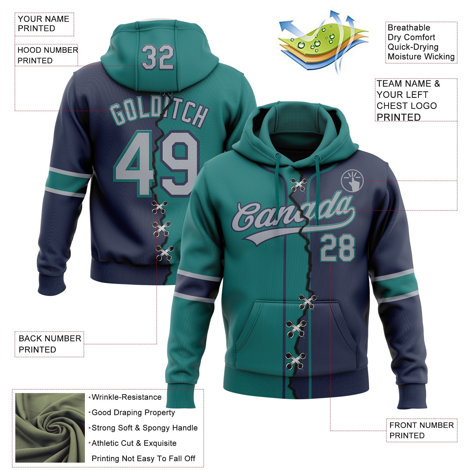 Custom Navy Gray-Teal Split Ripped Pattern Baseball Pullover Sweatshirt Hoodie view 2