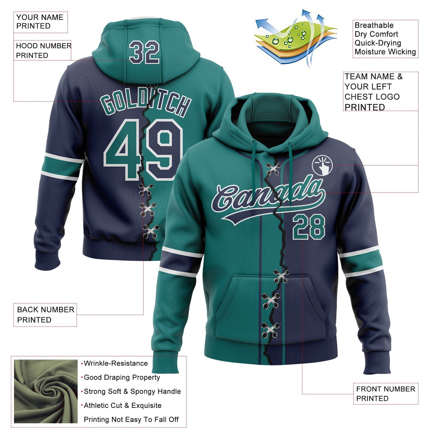Custom Navy Teal-White Split Ripped Pattern Baseball Pullover Sweatshirt Hoodie view 2