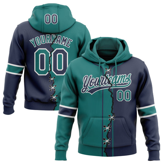 Custom Navy Teal-White Split Ripped Pattern Baseball Pullover Sweatshirt Hoodie - Main View