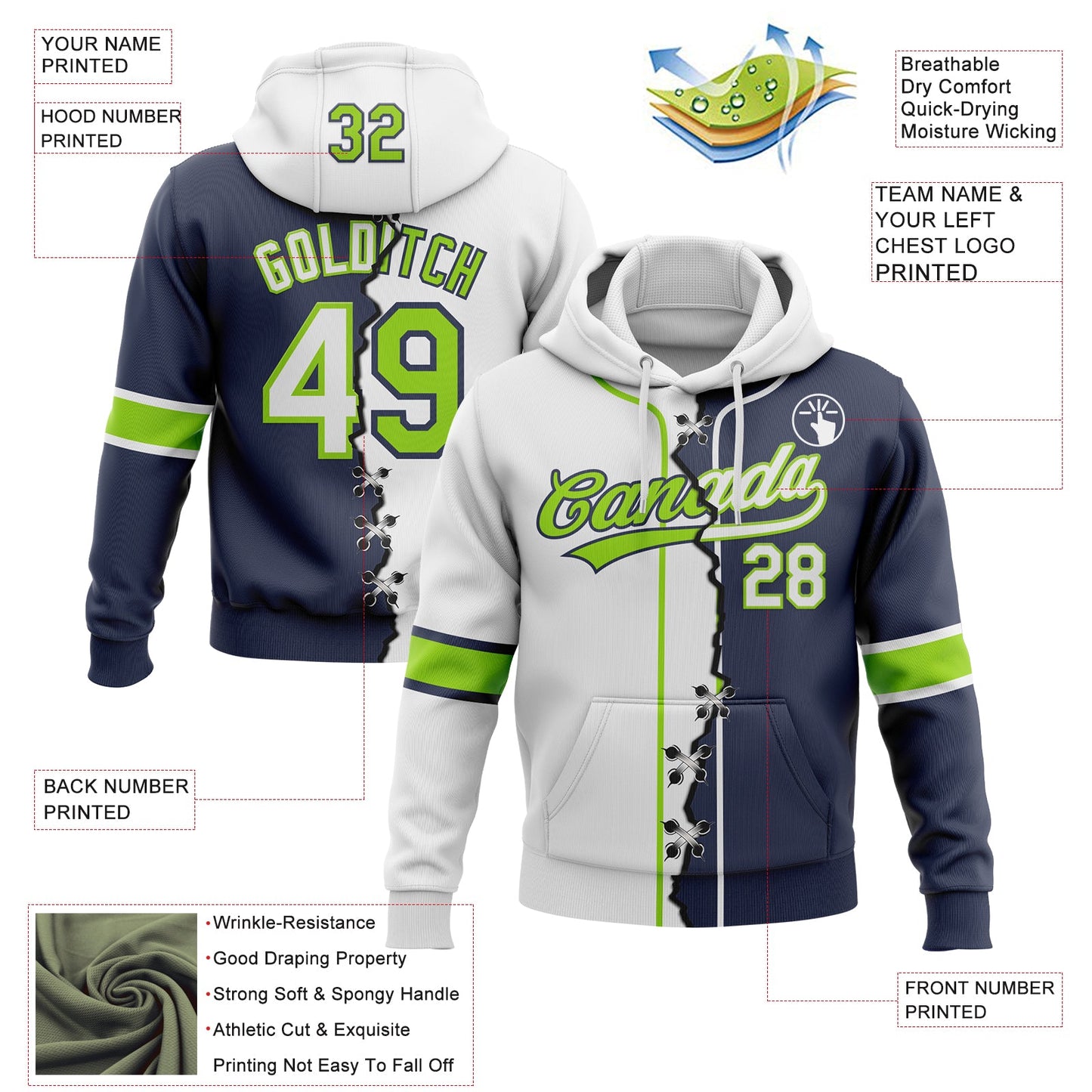 Custom Navy White-Neon Green Split Ripped Pattern Baseball Pullover Sweatshirt Hoodie view 2