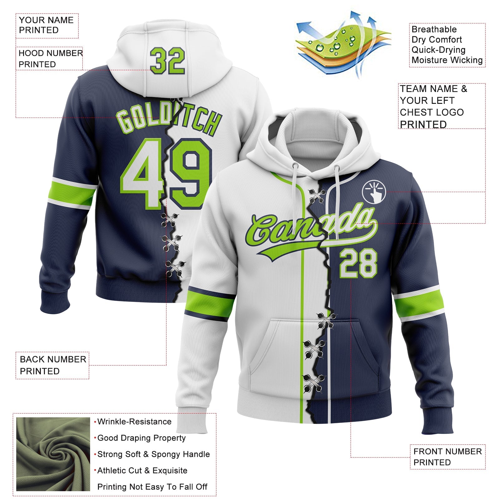 Custom Navy White-Neon Green Split Ripped Pattern Baseball Pullover Sweatshirt Hoodie view 2
