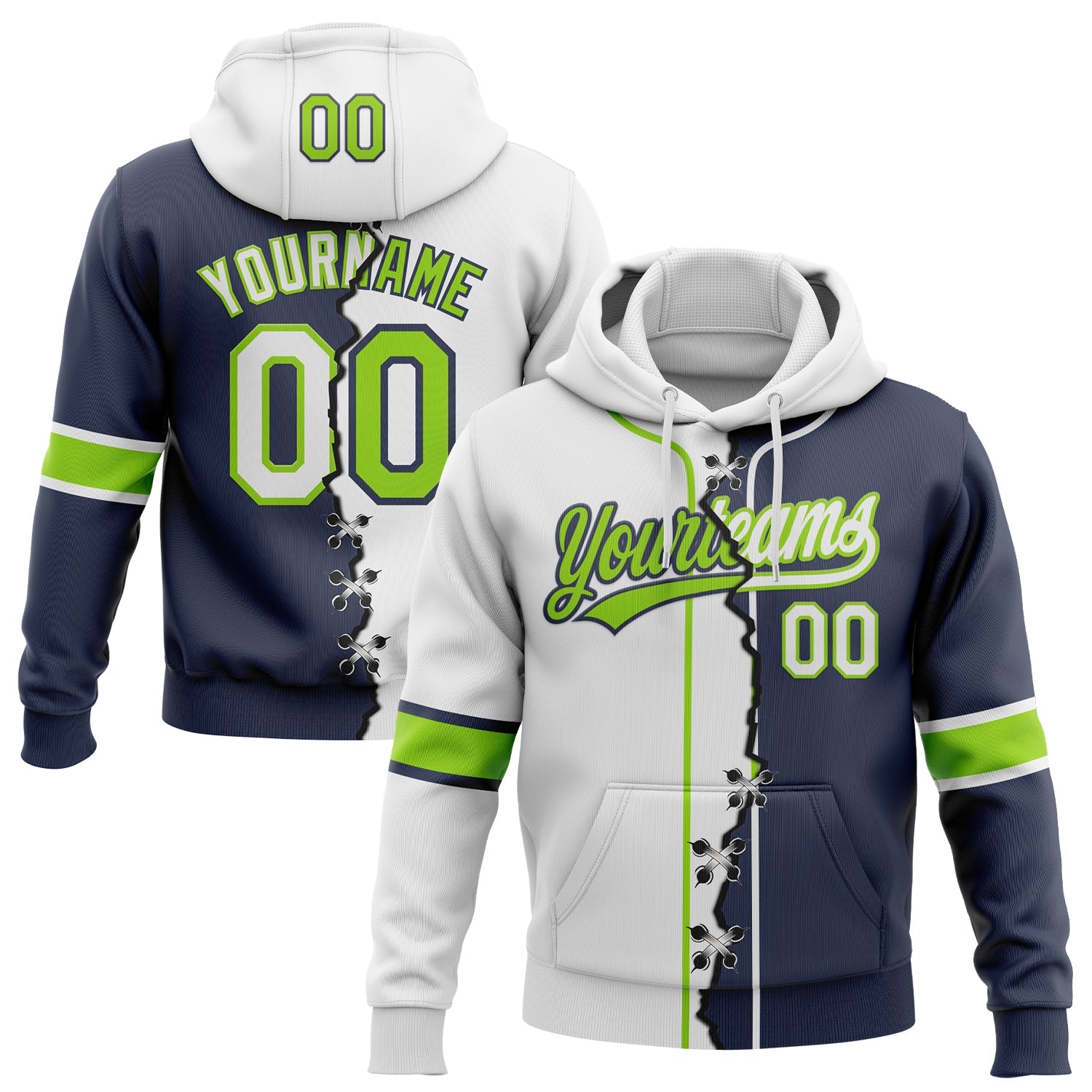 Custom Navy White-Neon Green Split Ripped Pattern Baseball Pullover Sweatshirt Hoodie - Main View