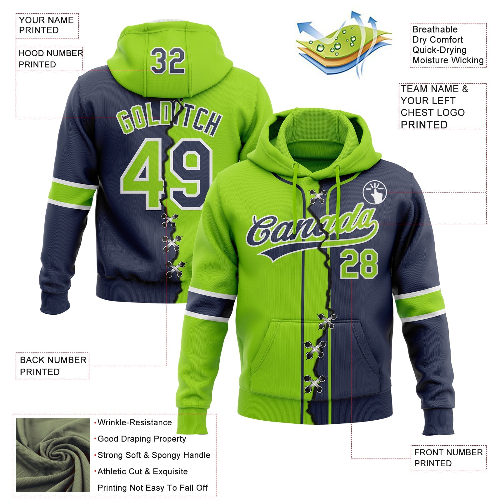 Custom Navy Neon Green-White Split Ripped Pattern Baseball Pullover Sweatshirt Hoodie view 2
