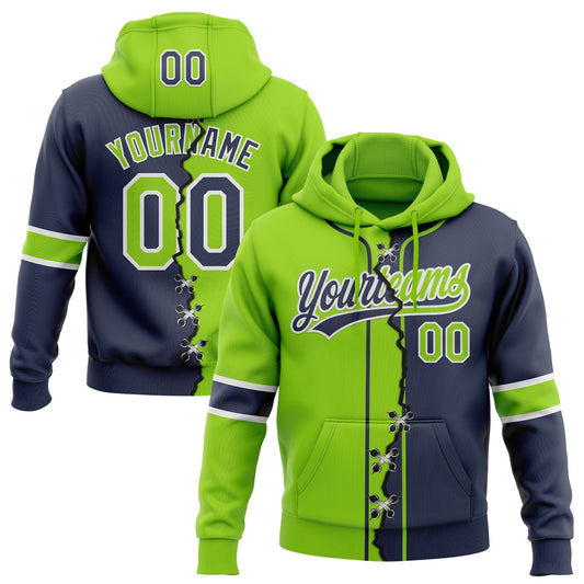 Custom Navy Neon Green-White Split Ripped Pattern Baseball Pullover Sweatshirt Hoodie - Main View