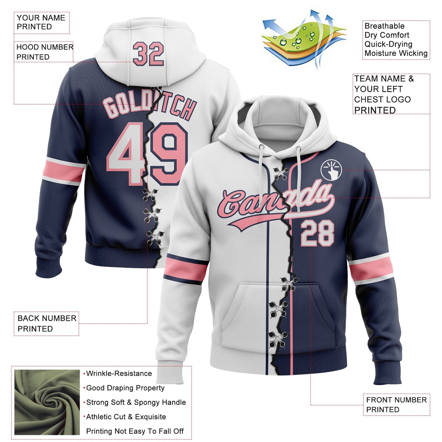 Custom Navy White-Medium Pink Split Ripped Pattern Baseball Pullover Sweatshirt Hoodie view 2