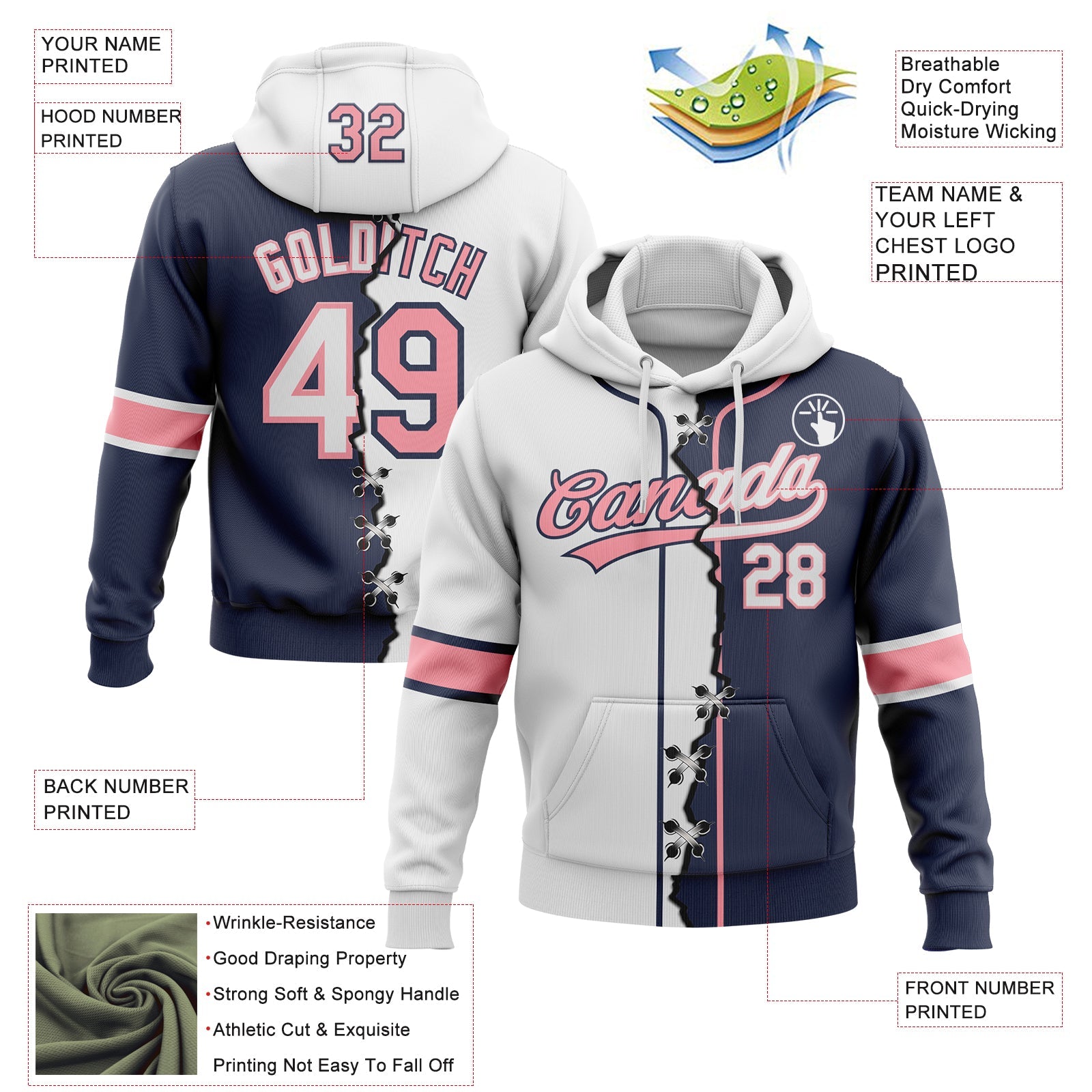Custom Navy White-Medium Pink Split Ripped Pattern Baseball Pullover Sweatshirt Hoodie view 2