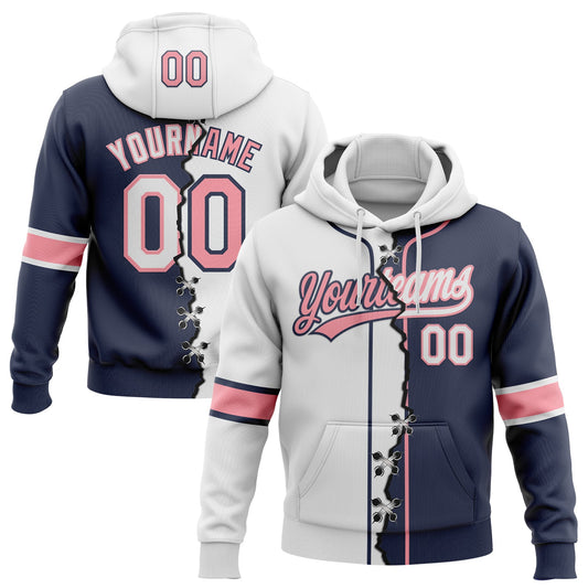 Custom Navy White-Medium Pink Split Ripped Pattern Baseball Pullover Sweatshirt Hoodie - Main View