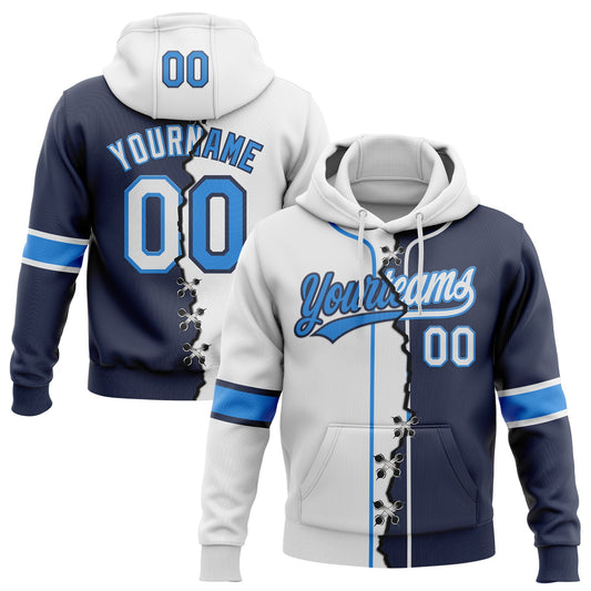 Custom Navy White-Powder Blue Split Ripped Pattern Baseball Pullover Sweatshirt Hoodie - Main View