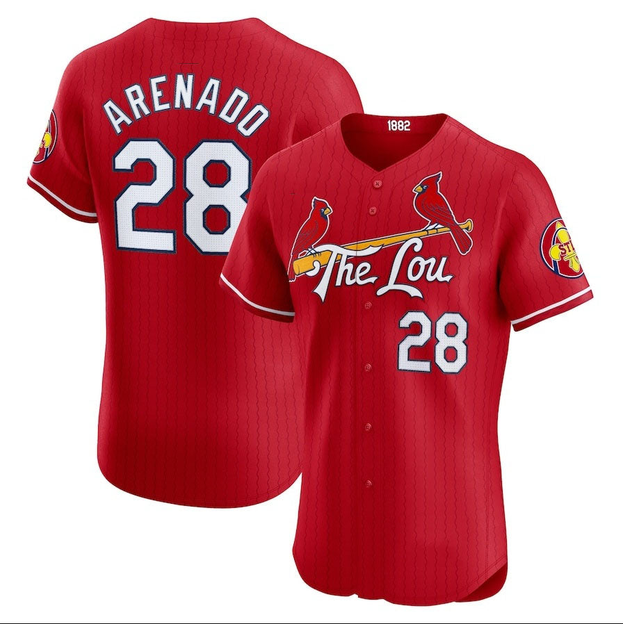 St. Louis Cardinals #28 Nolan Arenado 2024 City Connect Elite Player Jersey - Red Stitched Baseball Jersey - Main View