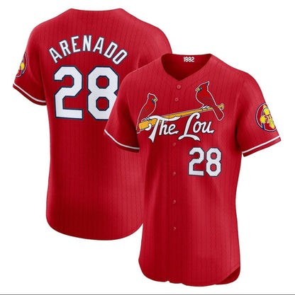 St. Louis Cardinals #28 Nolan Arenado 2024 City Connect Elite Player Jersey - Red Stitched Baseball Jersey - Main View