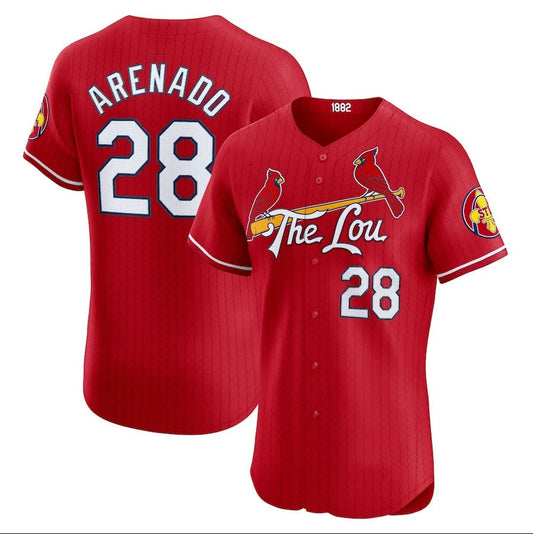 St. Louis Cardinals #28 Nolan Arenado 2024 City Connect Elite Player Jersey - Red Stitched Baseball Jersey - Main View