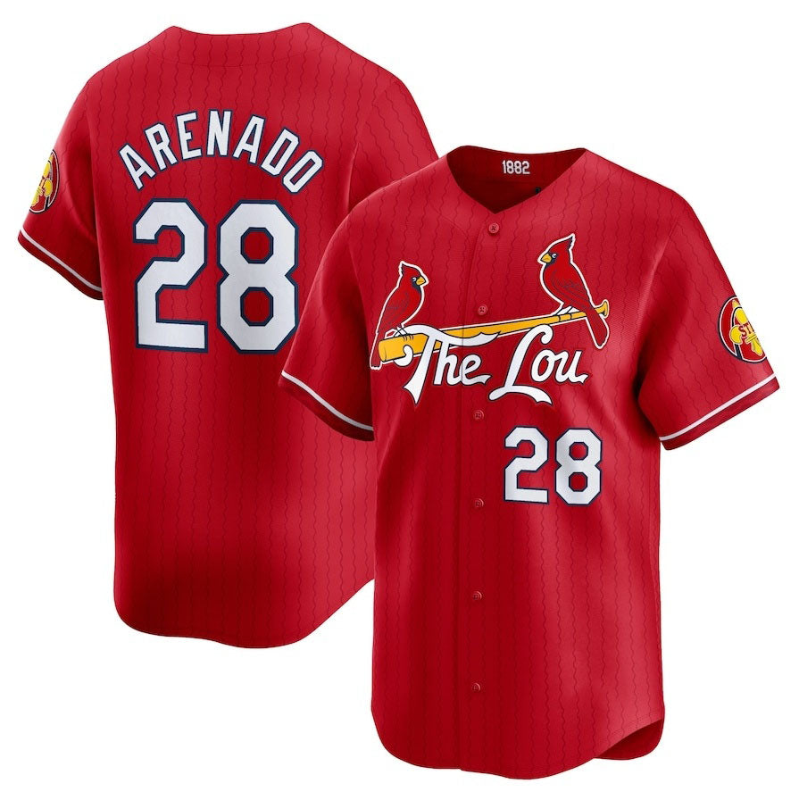 St. Louis Cardinals #28 Nolan Arenado 2024 City Connect Limited Player Jersey - Red Stitched Baseball Jersey - Main View