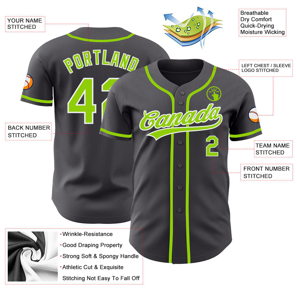 Custom Steel Gray Neon Green-White Authentic Baseball Jersey view 3