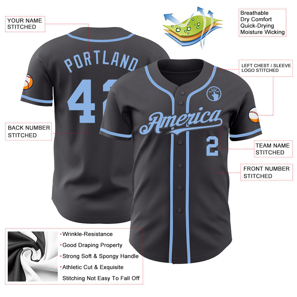 Custom Steel Gray Light Blue Authentic Baseball Jersey view 3