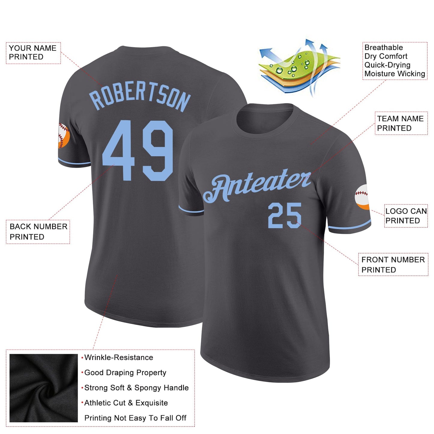 Custom Steel Gray Light Blue Performance T-Shirt view 2