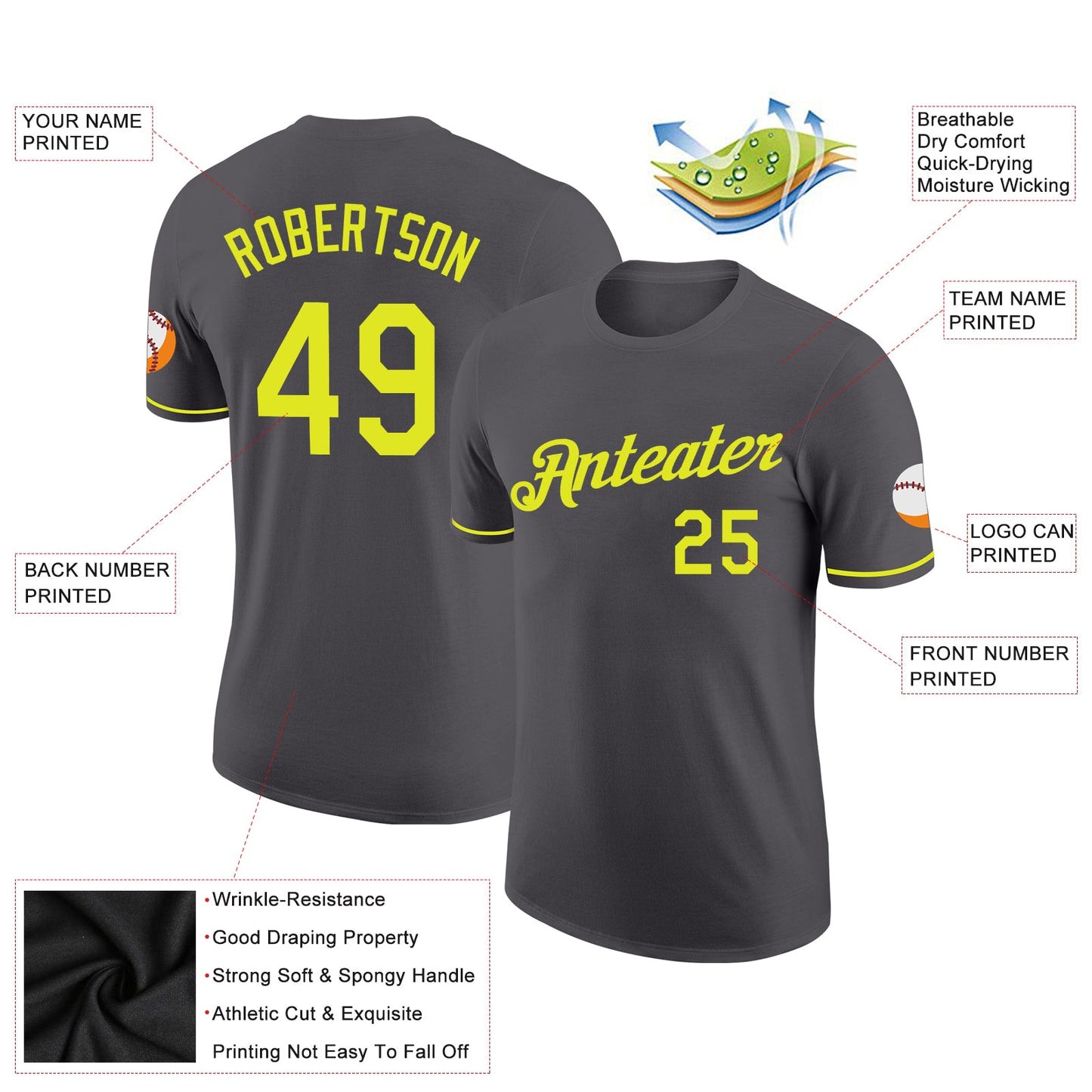Custom Steel Gray Neon Yellow Performance T-Shirt view 2
