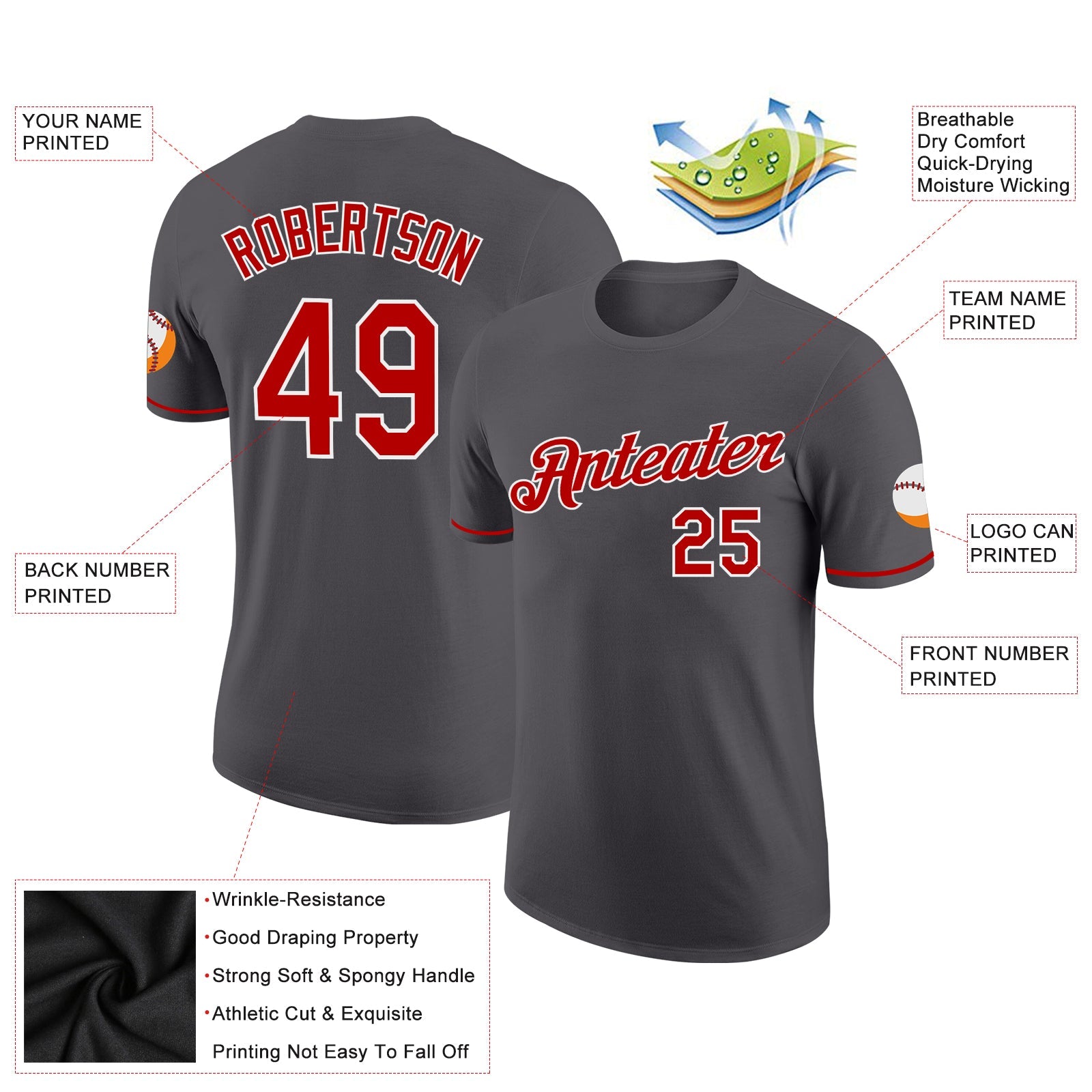 Custom Steel Gray Red-White Performance T-Shirt view 2