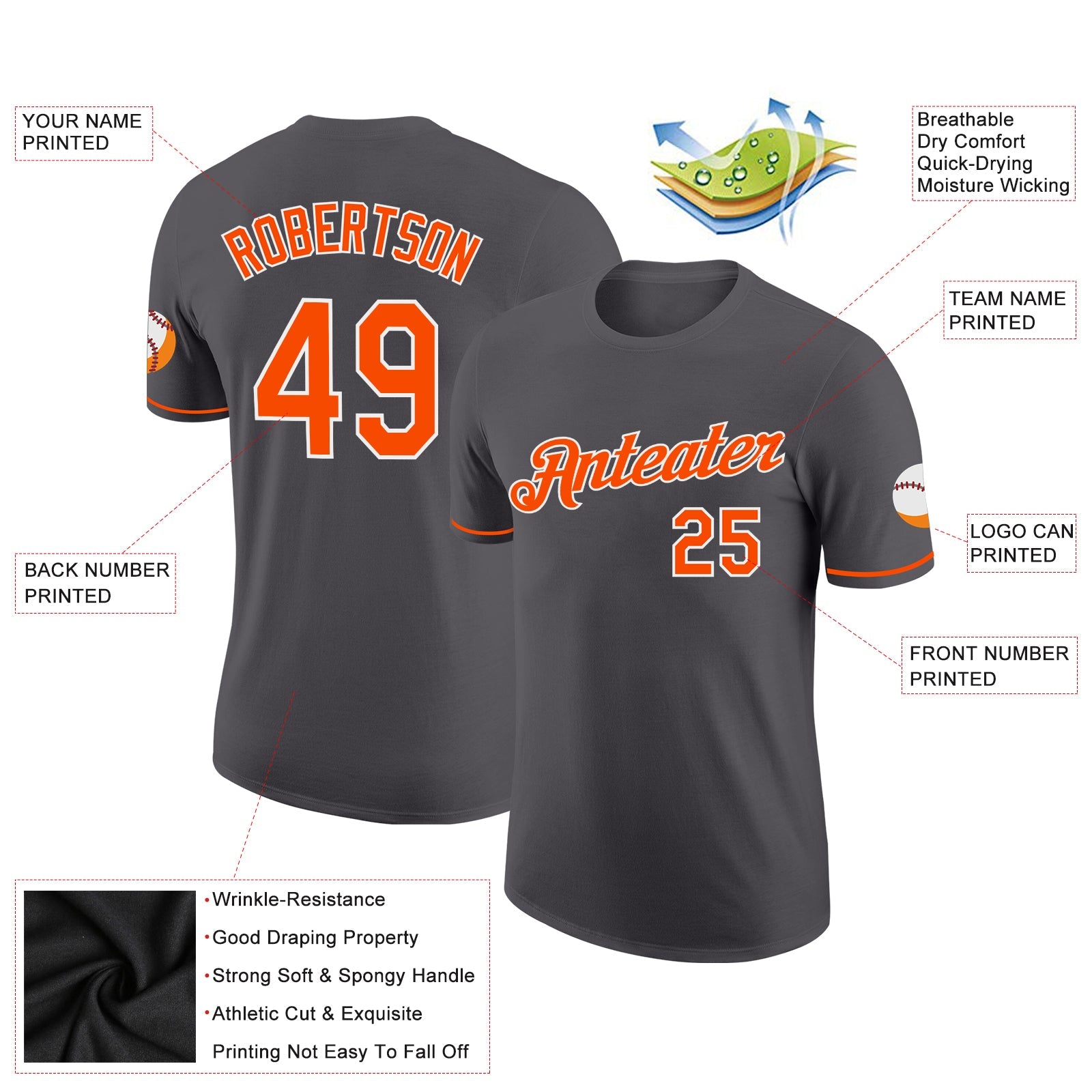 Custom Steel Gray Orange-White Performance T-Shirt view 2
