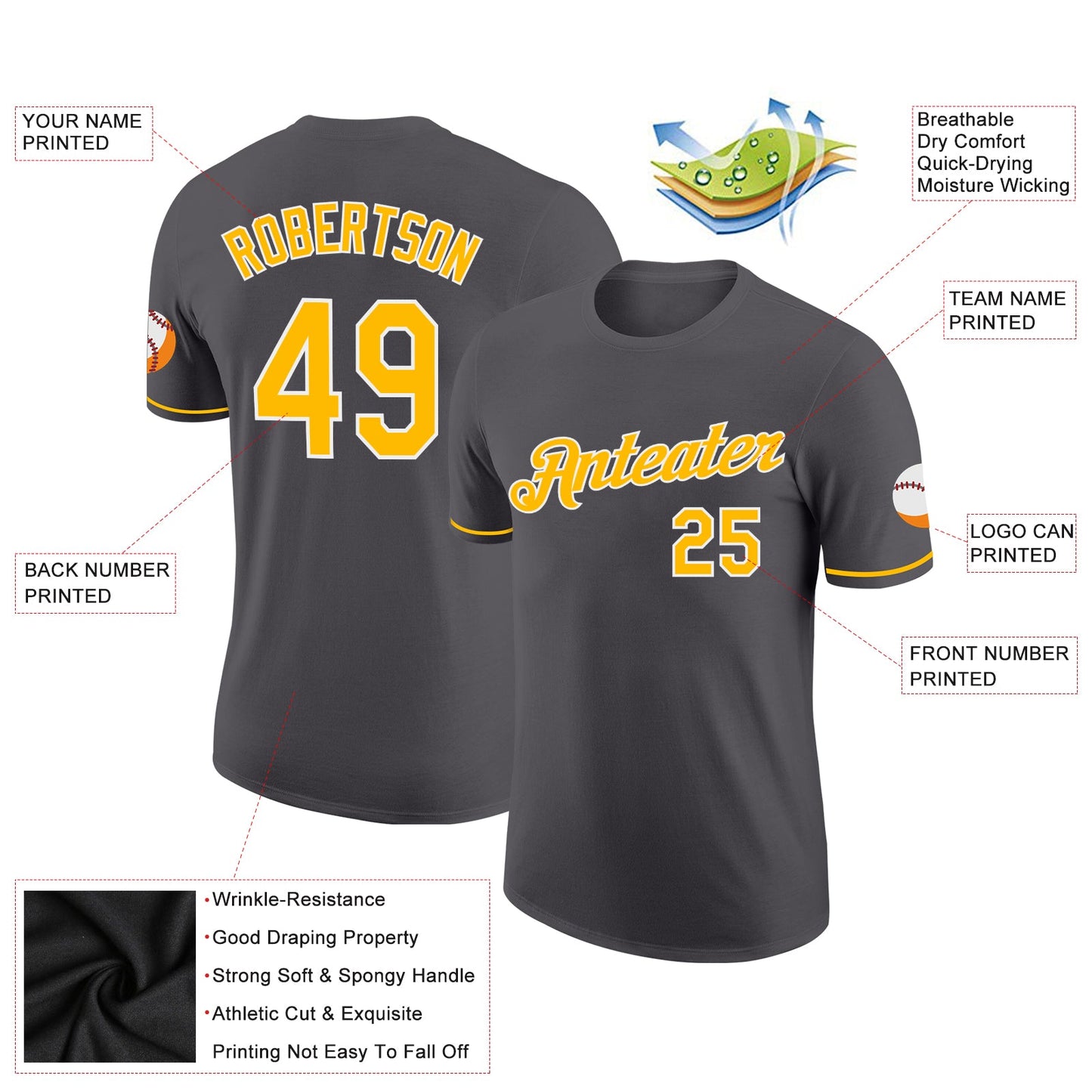 Custom Steel Gray Gold-White Performance T-Shirt view 2