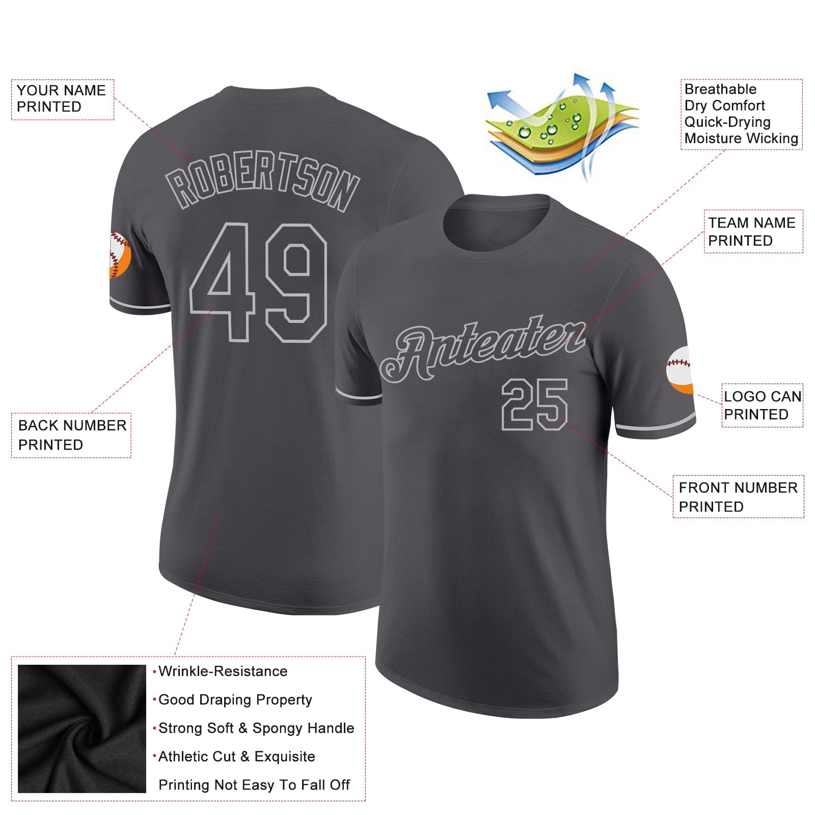 Custom Steel Gray Gray Performance T-Shirt view 2