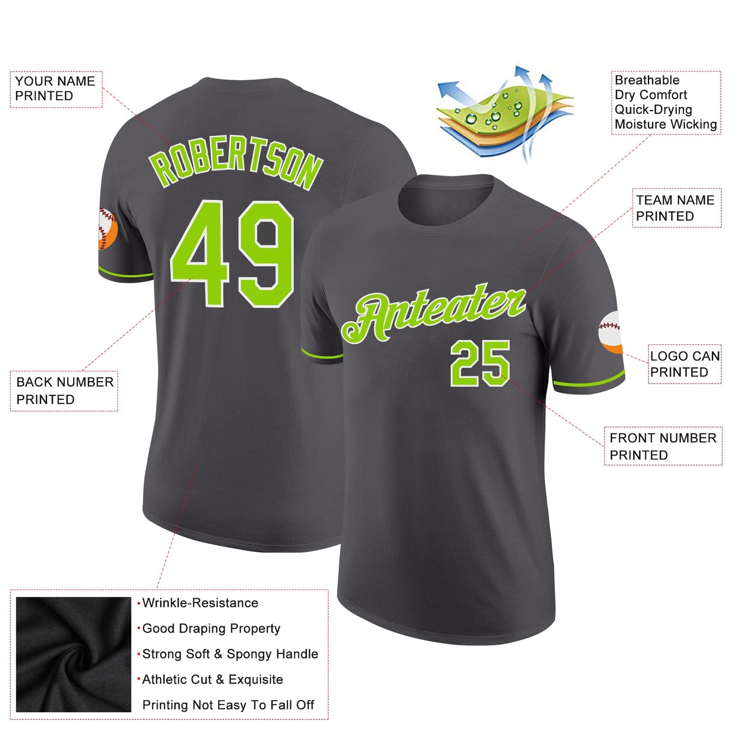 Custom Steel Gray Neon Green-White Performance T-Shirt view 2
