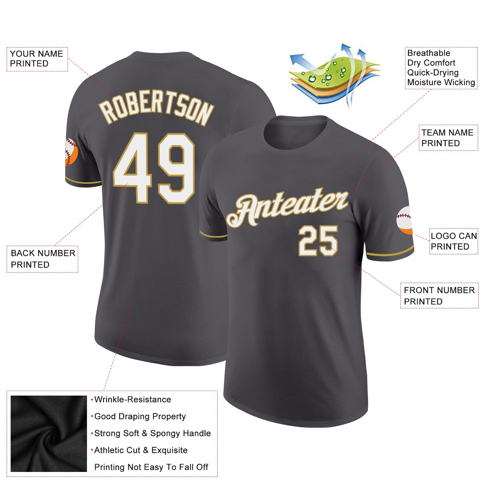 Custom Steel Gray White-Old Gold Performance T-Shirt view 2