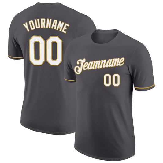 Custom Steel Gray White-Old Gold Performance T-Shirt - Main View