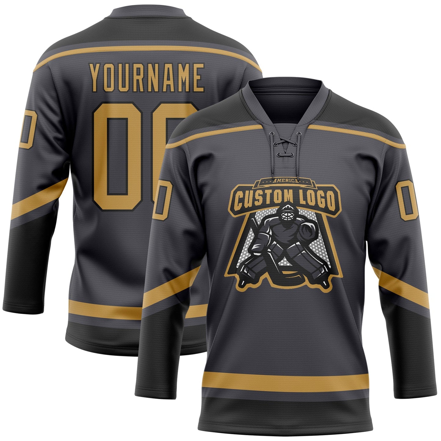 Custom Steel Gray Old Gold-Black Hockey Lace Neck Jersey view 2