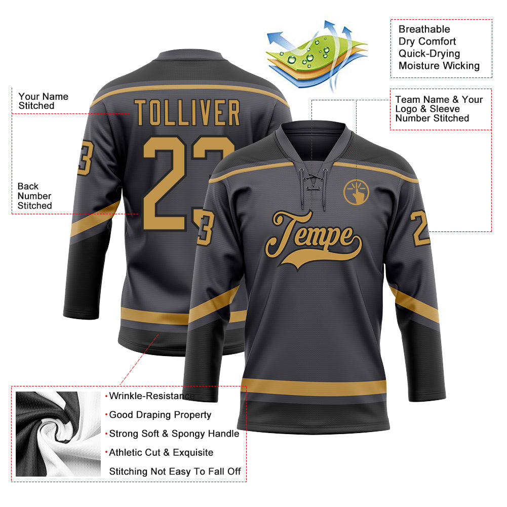 Custom Steel Gray Old Gold-Black Hockey Lace Neck Jersey view 3