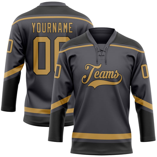 Custom Steel Gray Old Gold-Black Hockey Lace Neck Jersey - Main View