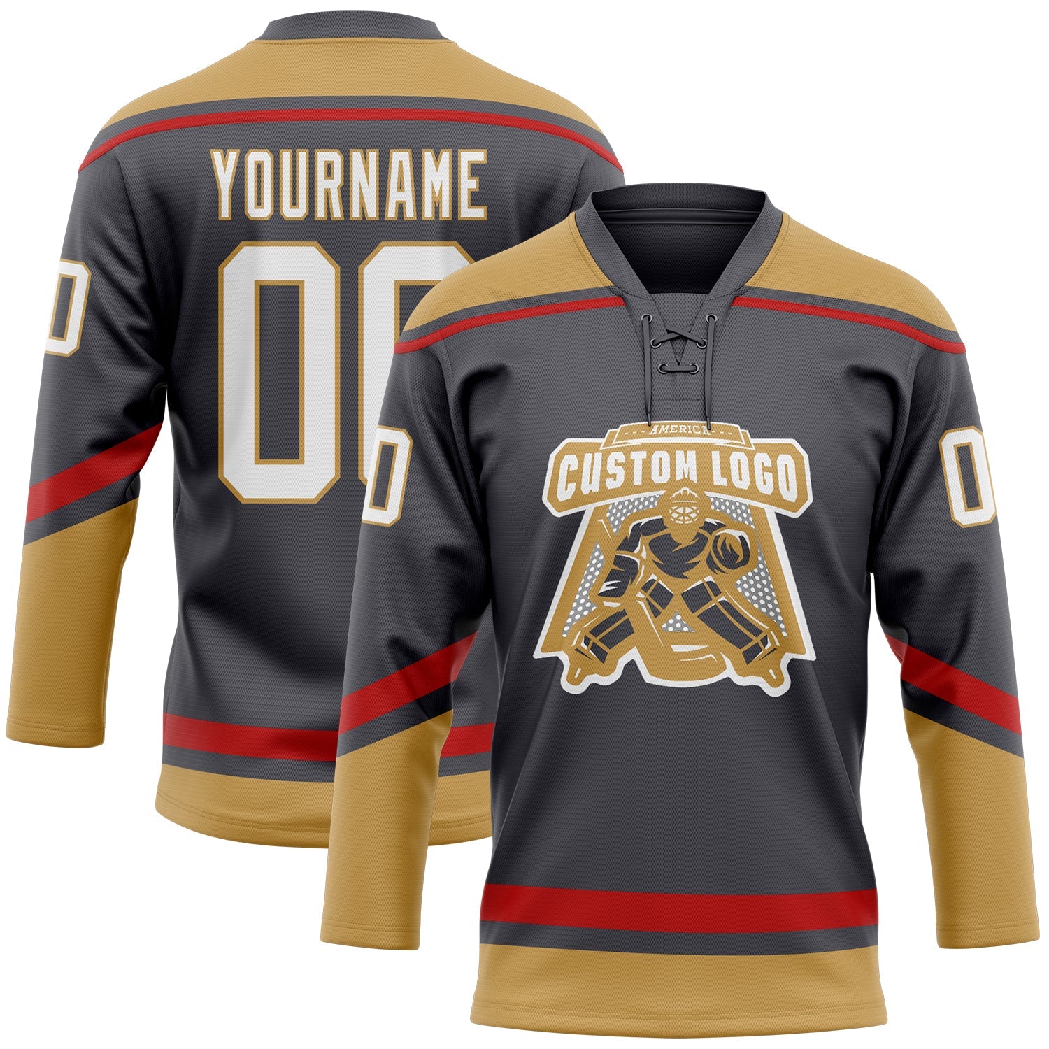 Custom Steel Gray White Old Gold-Red Hockey Lace Neck Jersey view 2
