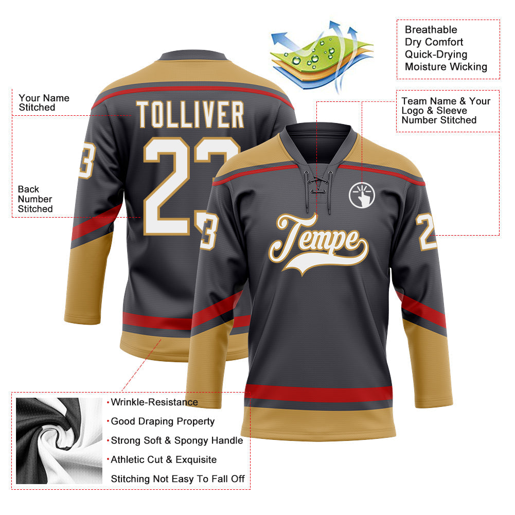 Custom Steel Gray White Old Gold-Red Hockey Lace Neck Jersey view 3