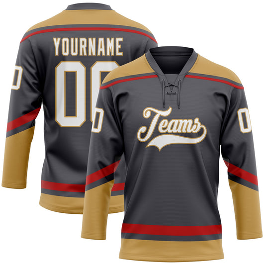 Custom Steel Gray White Old Gold-Red Hockey Lace Neck Jersey - Main View