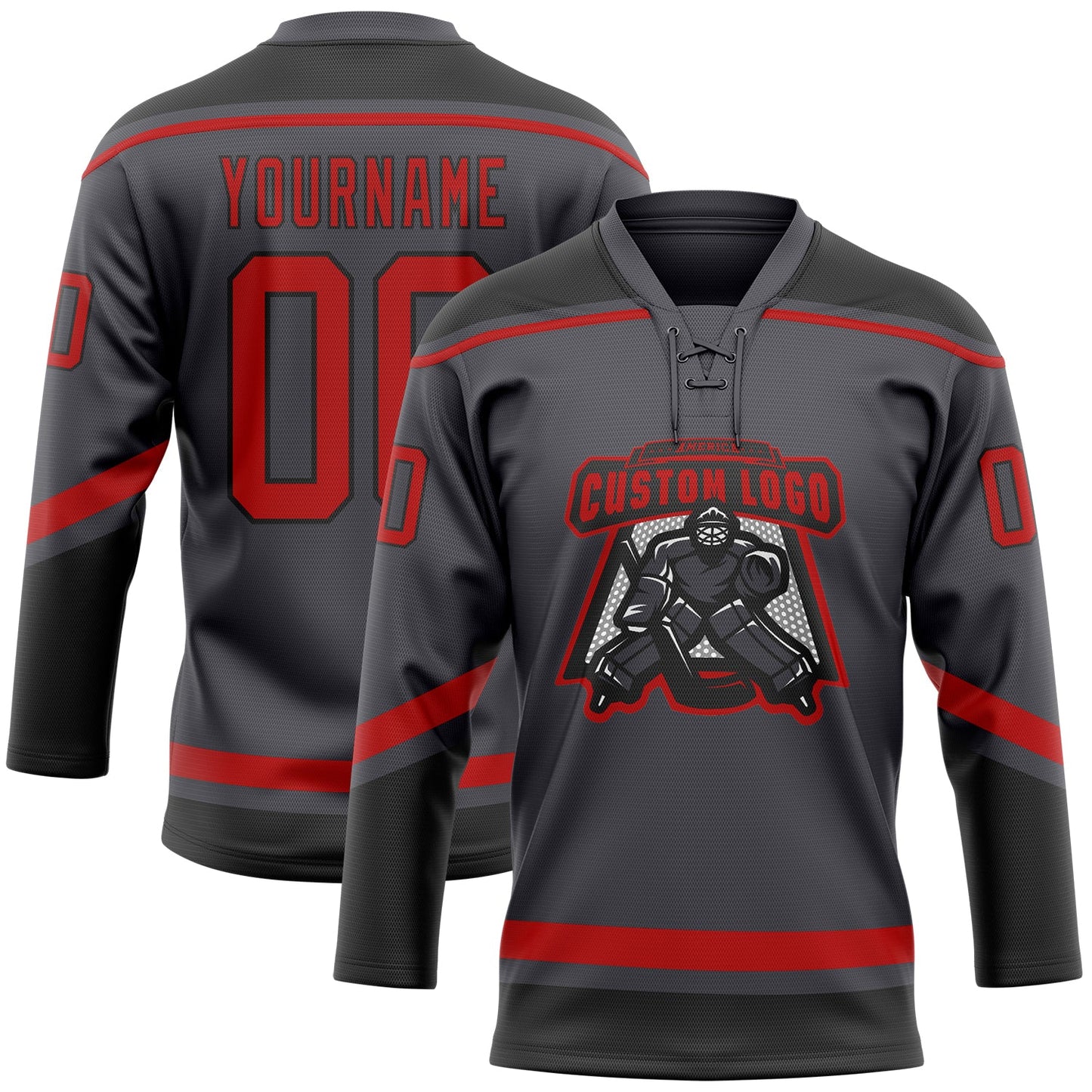 Custom Steel Gray Red-Black Hockey Lace Neck Jersey view 3