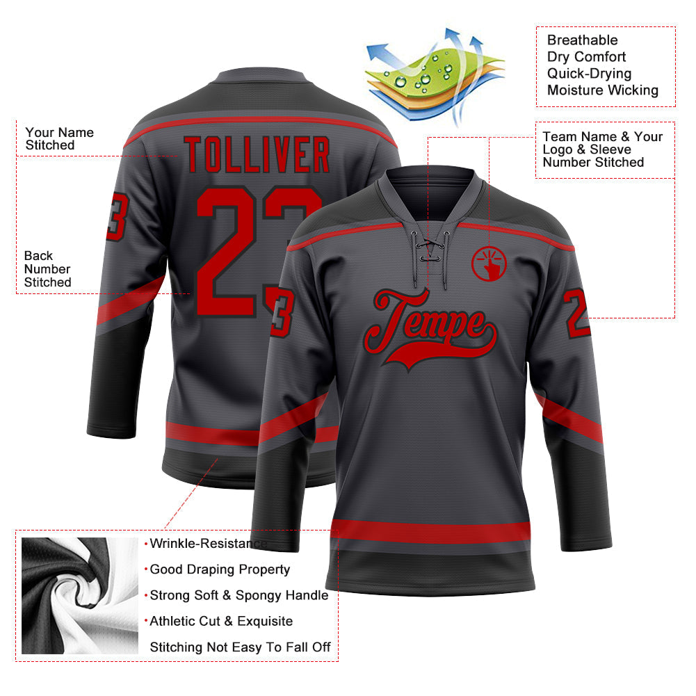 Custom Steel Gray Red-Black Hockey Lace Neck Jersey view 4
