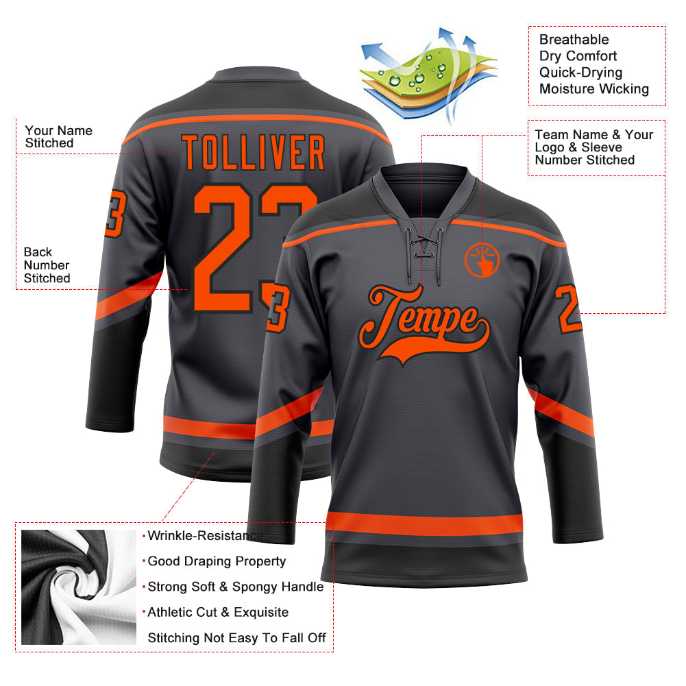 Custom Steel Gray Orange-Black Hockey Lace Neck Jersey view 3