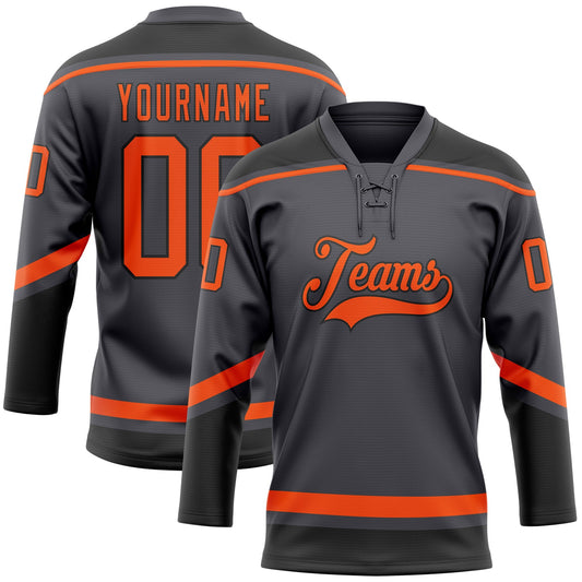 Custom Steel Gray Orange-Black Hockey Lace Neck Jersey - Main View