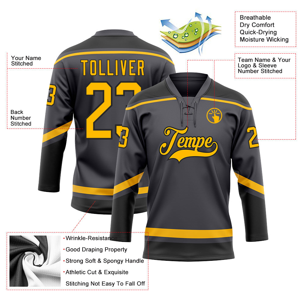Custom Steel Gray Gold-Black Hockey Lace Neck Jersey view 3
