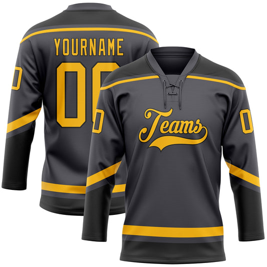 Custom Steel Gray Gold-Black Hockey Lace Neck Jersey - Main View
