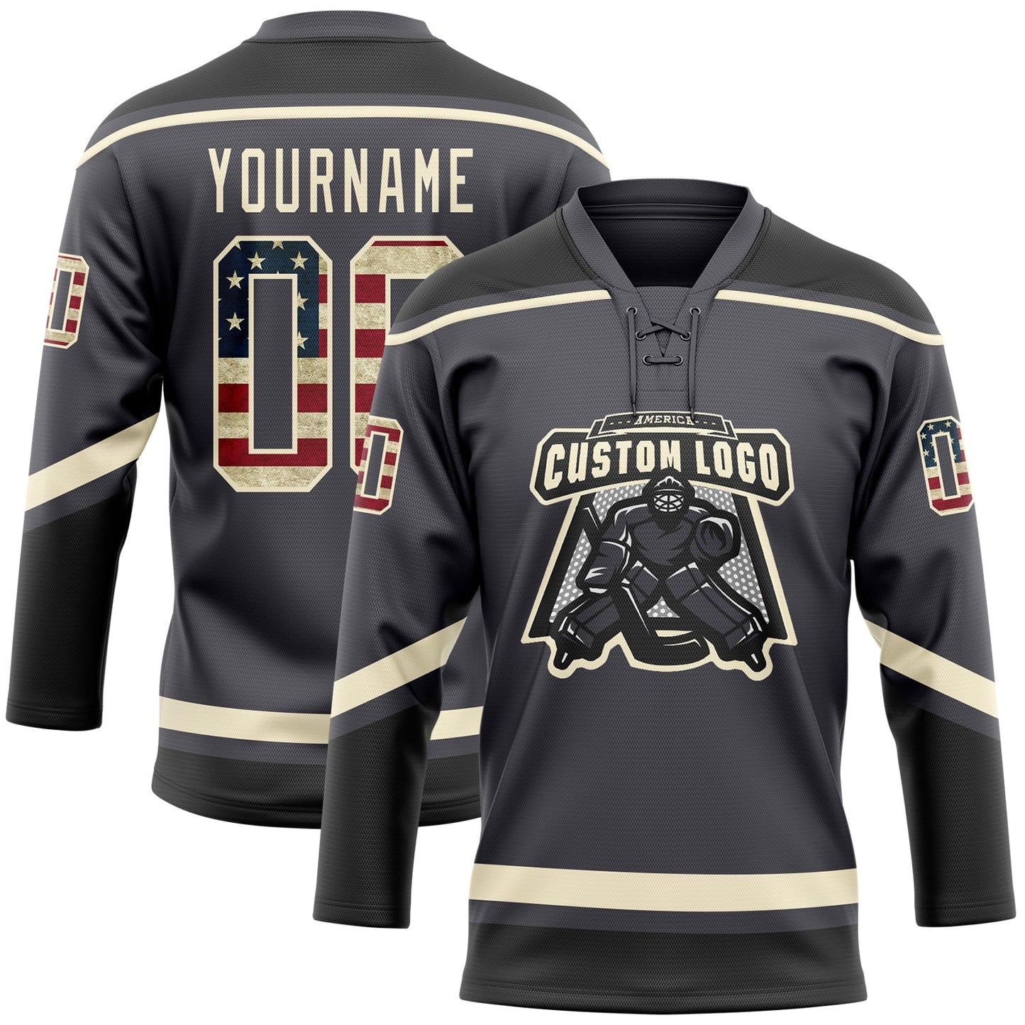 Custom Steel Gray Vintage USA Flag Cream-Black Hockey Lace Neck Jersey view 2