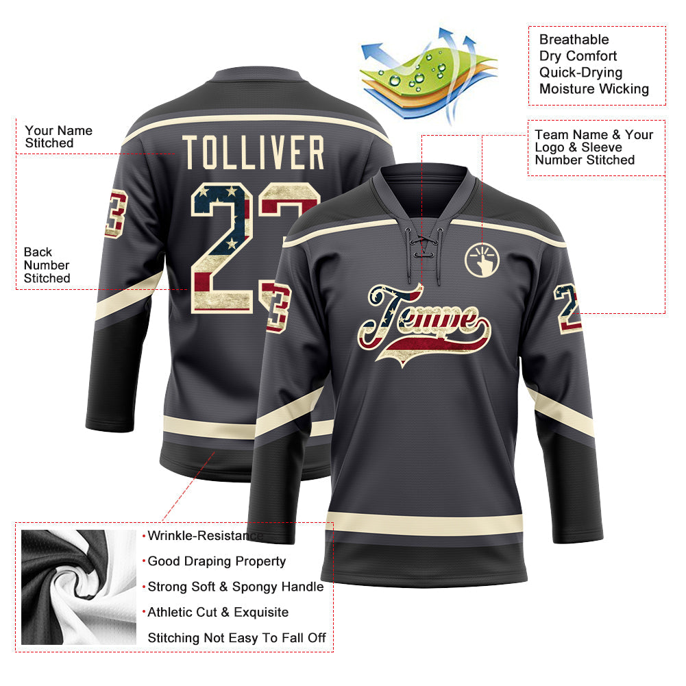 Custom Steel Gray Vintage USA Flag Cream-Black Hockey Lace Neck Jersey view 3