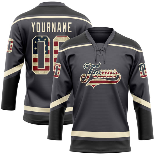 Custom Steel Gray Vintage USA Flag Cream-Black Hockey Lace Neck Jersey - Main View