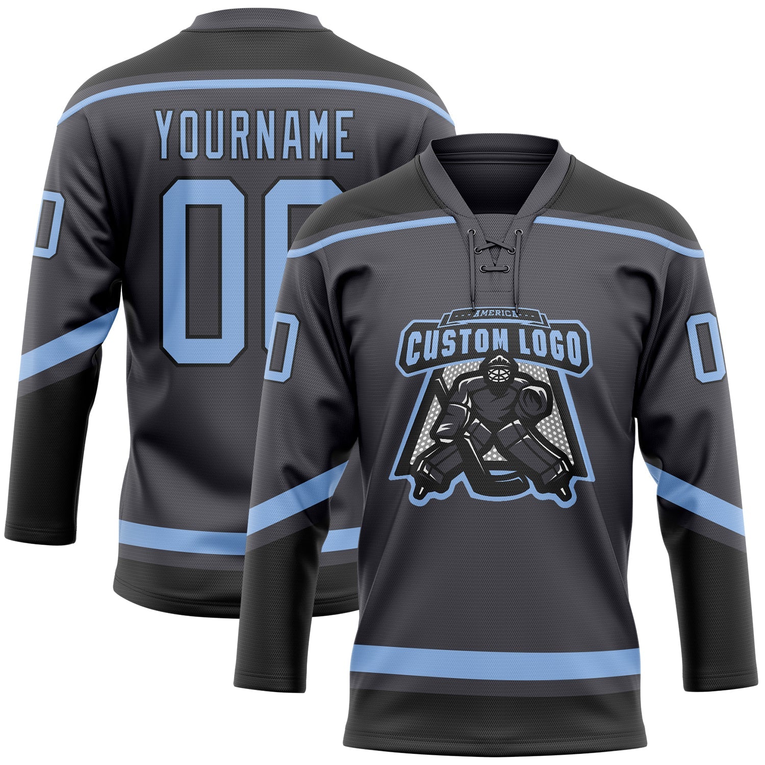 Custom Steel Gray Light Blue-Black Hockey Lace Neck Jersey view 2