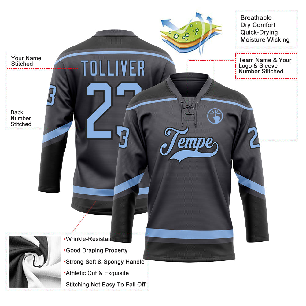 Custom Steel Gray Light Blue-Black Hockey Lace Neck Jersey view 3