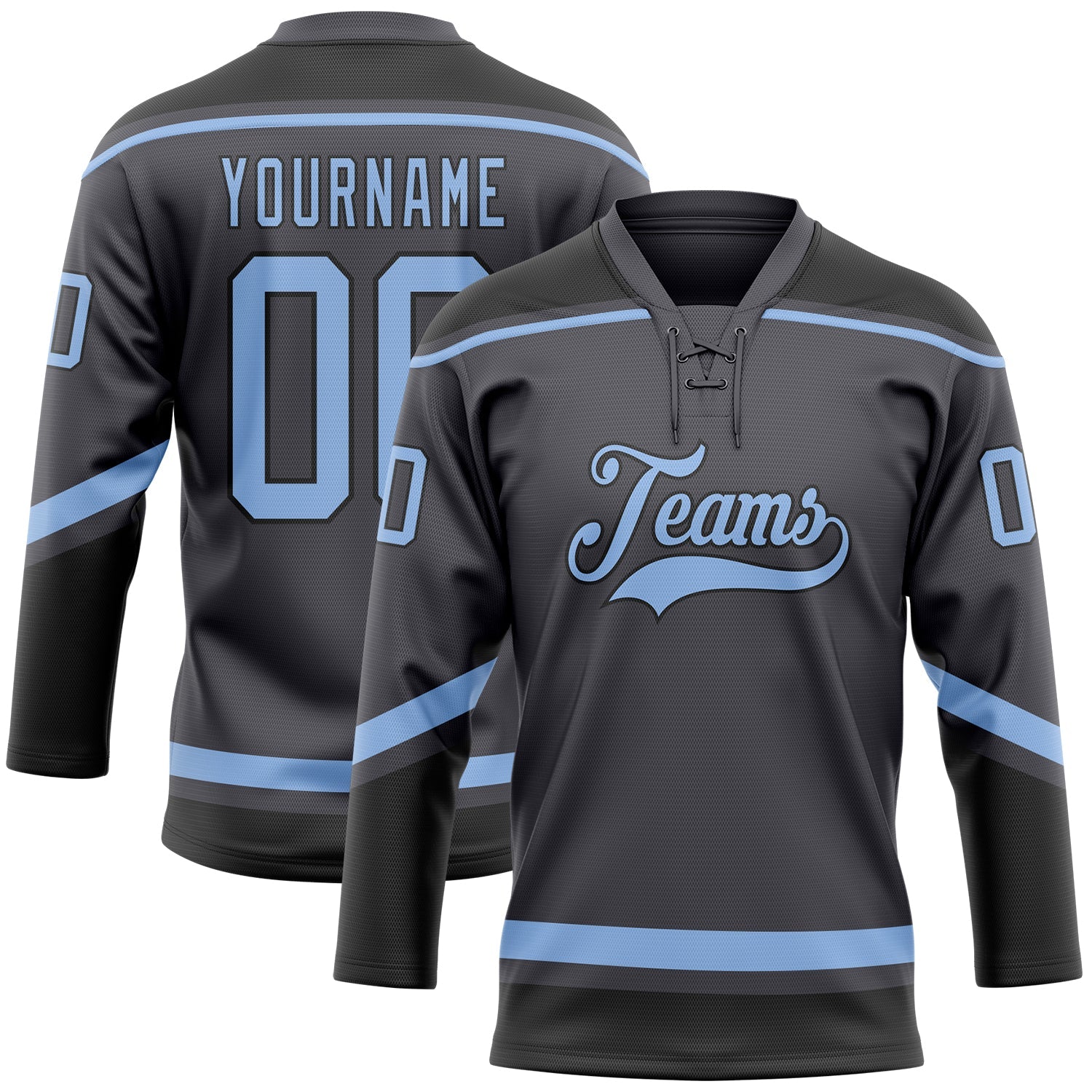 Custom Steel Gray Light Blue-Black Hockey Lace Neck Jersey - Main View