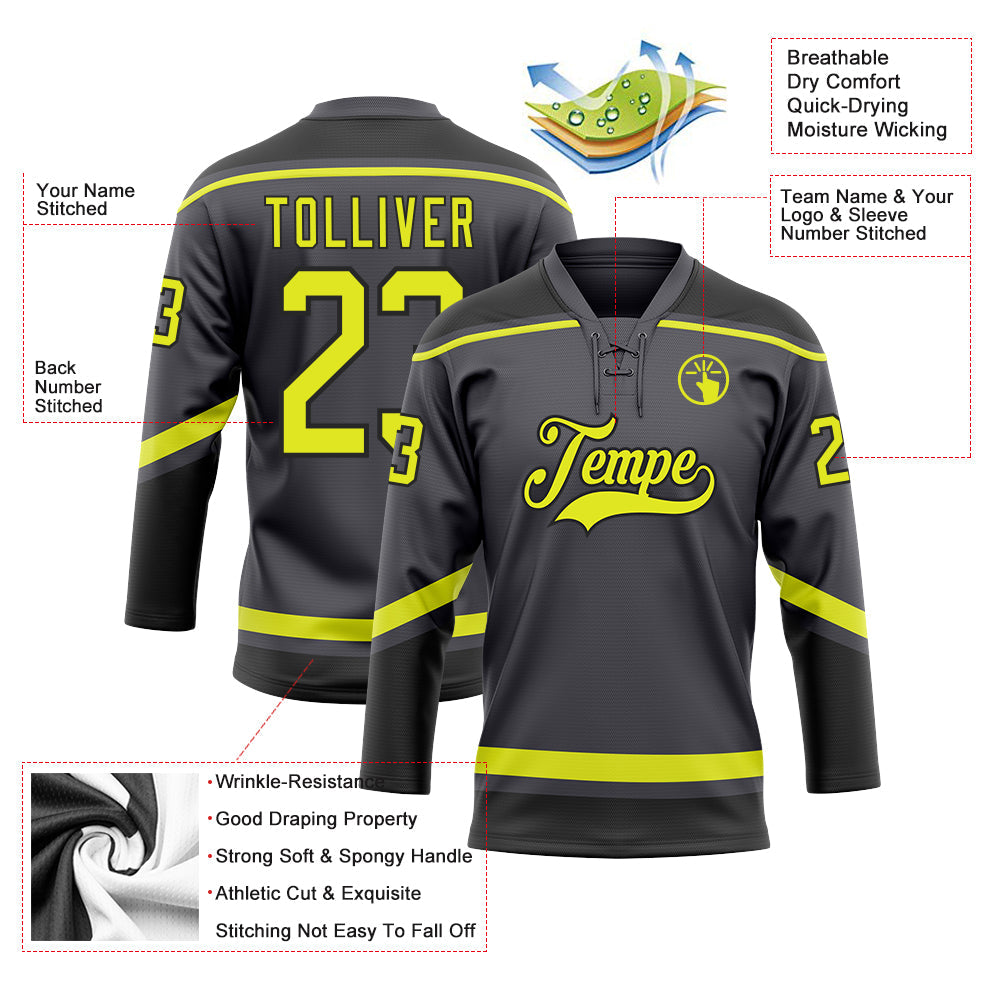 Custom Steel Gray Neon Yellow-Black Hockey Lace Neck Jersey view 3