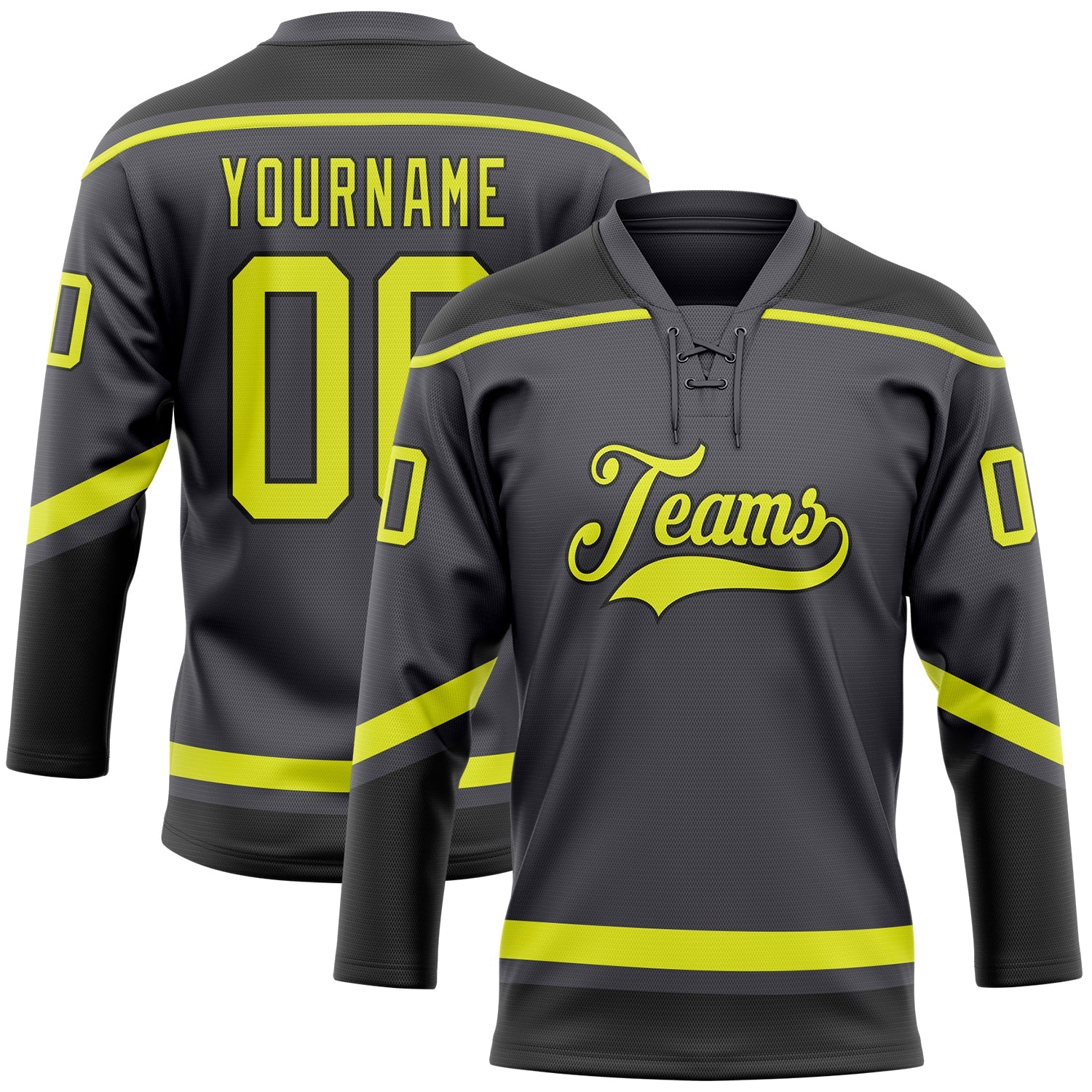 Custom Steel Gray Neon Yellow-Black Hockey Lace Neck Jersey - Main View