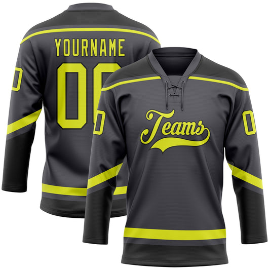 Custom Steel Gray Neon Yellow-Black Hockey Lace Neck Jersey - Main View