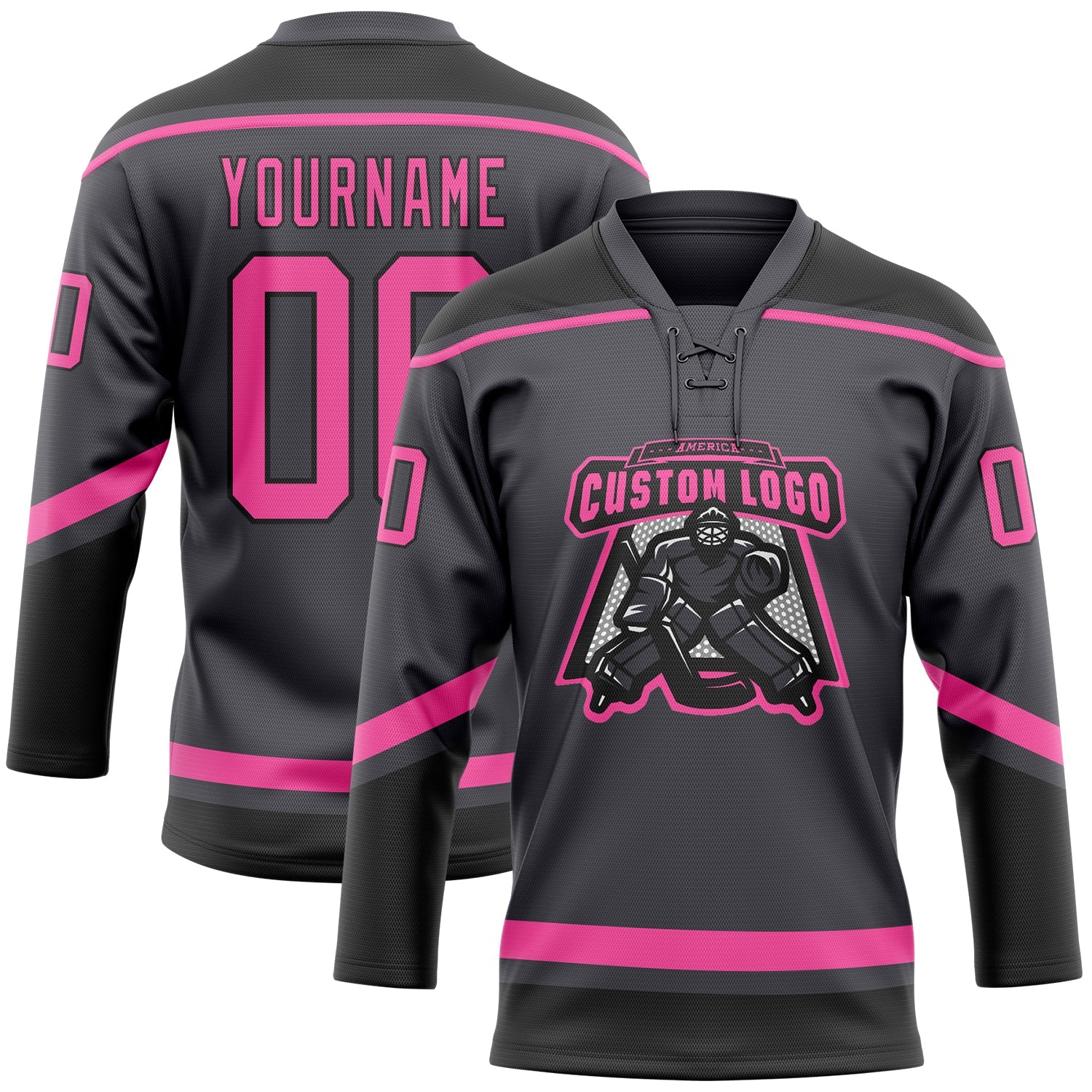 Custom Steel Gray Pink-Black Hockey Lace Neck Jersey view 2